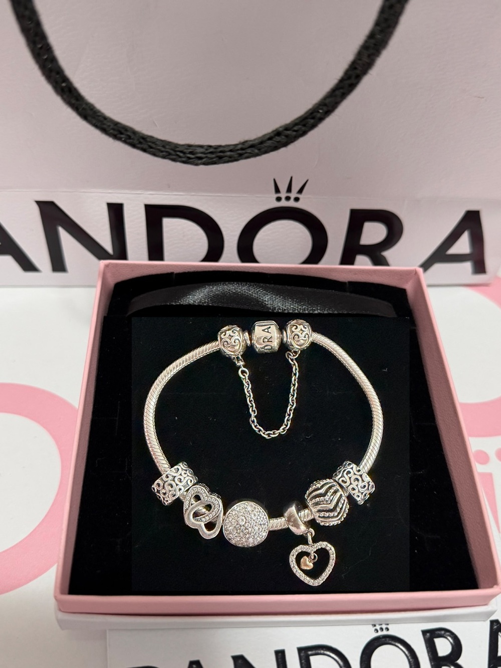 Pandora Silver-Gold 14k Charm Bracelet with Pave and Heart Dangle